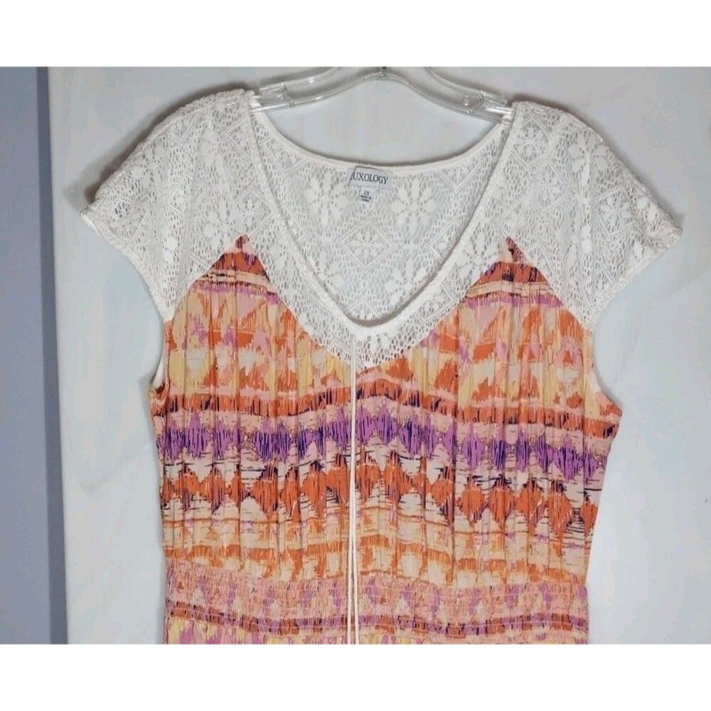 Luxology Boho Maxi Dress Women's 2X Orange Pink Lace Yoke Tassel Festival Resort